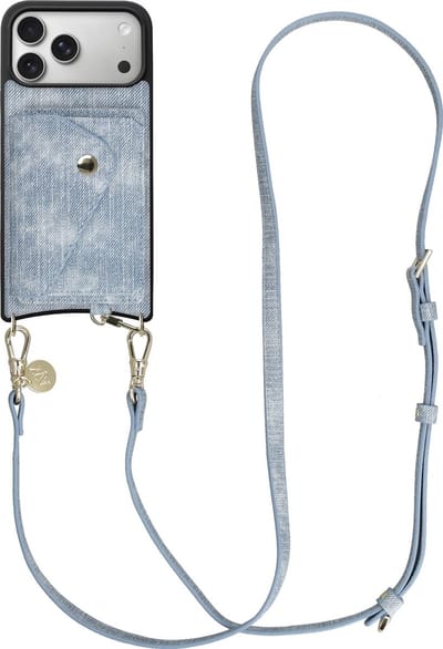 AVY Hoesje geschikt voor Apple iPhone 17 Pro Max | Met Koord en Kaarthouder | Compatibel met MagSafe | Kunstleren Case met Crossbody Koord & Wallet | Long Denim | Denim