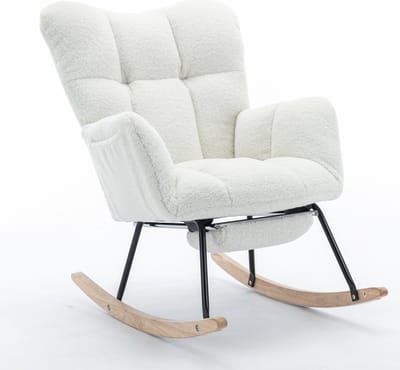Merax Nouvelle Chaise Berçante Rembourrée En Tissu Teddy Tissée Avec Repose-Pieds Escamotable, Blanche