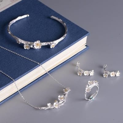 925 Sterling Zilver Mode Sakura Pruimenbloesem Bloem Sieraden Voor Vrouwen Cadeau gray
