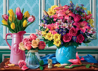 Legpuzzel 1000 stukjes - Bloemen vazen - Ontspanning thuis - Unieke stukvormen - 66x48 cm - Meerkleurig