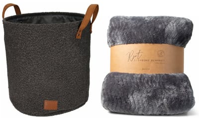 Jens Living Bouclé - Opbergmand & Woondeken Set - Antraciet Mand met Grijze RPET Fishbone Plaid - Stijlvolle Woonaccessoires - Duurzaam & Zacht
