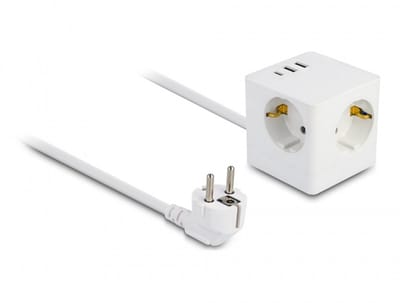 Delock Extension Socket Cube 3-way with childproof lock and USB charger, 1.5 m cable, white