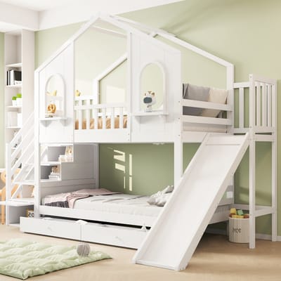 MODFU Kinderbed 90x200 cm – Huisvormig met glijbaan en opbergladder – Wit – Van hout – Voor kinderkamer