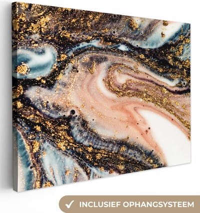 Canvas schilderij 40x30 cm - Wanddecoratie Marmerlook - Goud - Zwart - Glitter - Chic - Muurdecoratie woonkamer - Slaapkamer decoratie - Kamer accessoires - Schilderijen op canvas