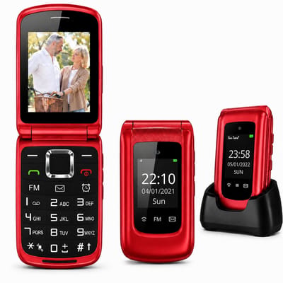 Yarvu - Flip 1 - 4G Senioren GSM + Extra Accu Geleverd + Oplaadstation - Dual Sim - Dual Scherm - Big Button Mobiele Telefoon - Grote Toetsen & Cijfers - SOS Knop - Mobiel - Ouderen - Rood