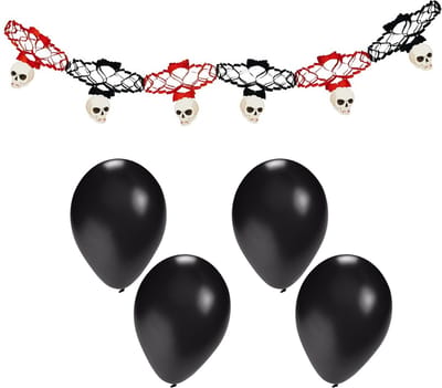 Halloween/horror thema feestslinger - doodskop - papier - 200 cm - incl. 10x ballonnen zwart