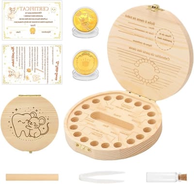Houten Bewaarbox voor Melktanden - Herinneringsdoos voor Eerste Tanden, Coin & Kaart, Bedtijd Verrassing voor Jongens en Meisjes
