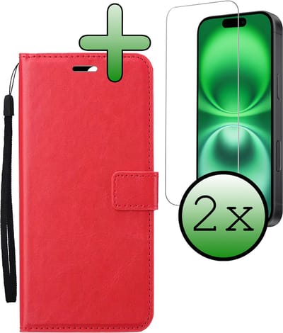 Hoesje Met 2x Screenprotector - Geschikt voor Apple iPhone 16 - Luxe Pasjeshouder - Bookcase Portemonee - Flip Case - Kunstleer Book Case - Flipcase Hoes - Book Cover - Walletcase - Portemonneehoes - Rood