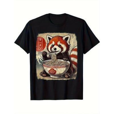 Heren Grappig Rode Panda Eet Ramen Japans Kawaii Anime Ontwerp T-shirt - Zwart Casual Korte Mouw Ronde Hals, XXL
