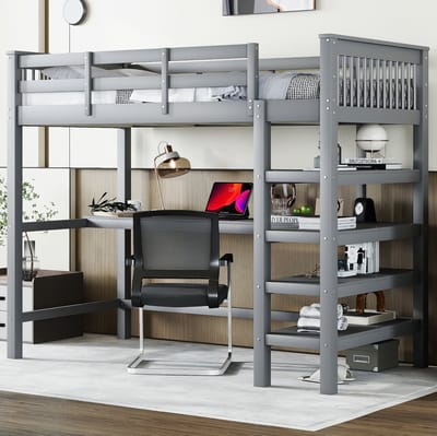 MEUNIQ hoogslaper 90 x 200 cm met bureau en open opbergrekken, grijs, eenpersoons bed voor kinderkamer en studeerhoek