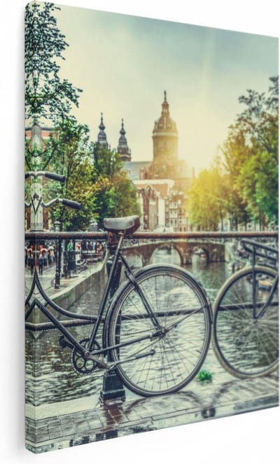 Artaza Canvas Schilderij Amsterdamse Grachten - 30x40 cm - Klein - Wanddecoratie Fiets - Muurdecoratie Woonkamer - Kamer Accessoires Stad
