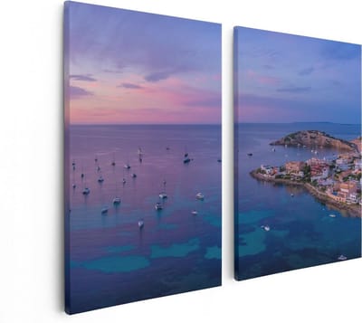 Artaza Canvas Schilderij Tweeluik Ibiza met Boten op het Water bij Zonsopgang - 80x60 - Foto Op Canvas - Canvas Print
