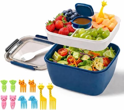 Lunchbox voor salade - Saladekom met deksel - Bakje voor saladedressing - Herbruikbare vork - Geschikt voor saladetoppings en snacks - Blauw