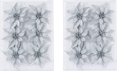 18x stuks decoratie bloemen rozen zilver glitter op ijzerdraad 8 cm - Decoratiebloemen/kerstboomversiering/kerstversiering