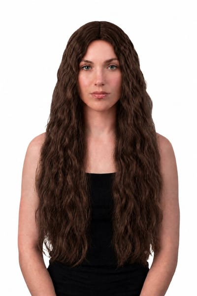KIMU® Luxe Lange Donkerbruine Pruik Met Slag - Middenscheiding - Haarwerk met Krullen en Pony - Bruin Donkerbruin Festival