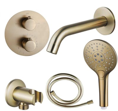 FugaFlow Eccelente Acces Badkraan set - uitloop - 22cm inkortbaar - rond bedieningspaneel - gladde slang - ronde handdouche - inbouwdeel - wandhouder - geborsteld messing