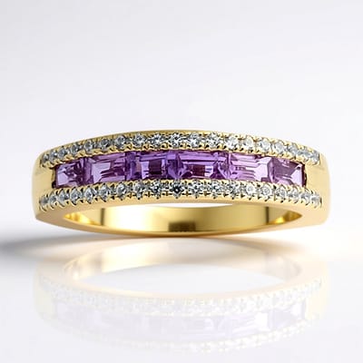 Cavill - 9 Karaat Geelgouden Ring - 6 Ceylon Paarse Saffieren Briljant Trapgeslepen 0,713 Ct - 38 Zirkonen Pavé 0,239 Ct - Elegante Luxe Ring