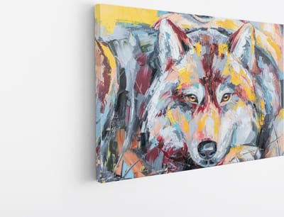 Saammp Canvas Schilderij - Abstract Kleurrijke Wolf - Natuur - Dieren - 45x30 - Foto op canvas - Wanddecoratie - Muurdecoratie Woonkamer - Slaapkamer decoratie - Canvas Print