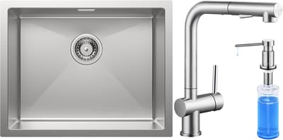 Auralum Max Spoelbak voor keuken 55x44cm - Spoelbak Keuken Met Keukenkraan met Uittrekbare Uitloop en Zeepdispenser 300ML - Spoelbakken met sifon en overloopset - Enkele spoelbakken RVS