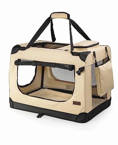 Opvouwbare Hondentransportbox voor Reizen & Auto - Stevige Draagbox met Handvaten & Deken, Duurzame Hondenbox, Beige - Tot 18 kg