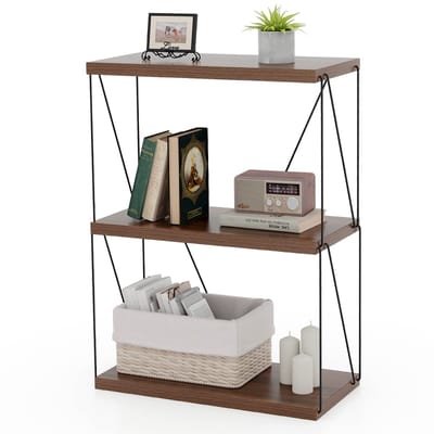 COSTWAY Staande kast, vrijstaand, boekenkast met metalen frame, industrieel opbergrek, walnoot opbergrek voor slaapkamer, woonkamer, thuiskantoor