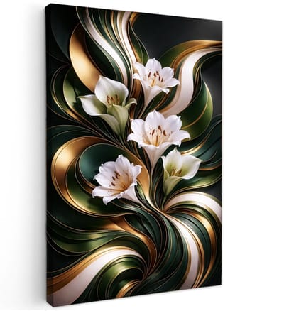 Online Schilderij - Luxe Gouden Lelies – Groen Botanisch Abstract 90x60 cm - woonkamer - wanddecoratie - Canvas doek - bloemen