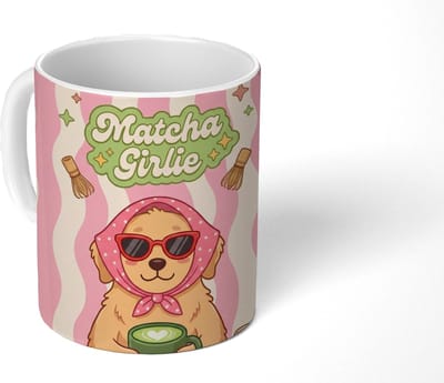 Mok - Koffiemok - Matcha - Hond - Roze - Groen - Mokken - 350 ML - Beker - Koffiemokken - Theemok