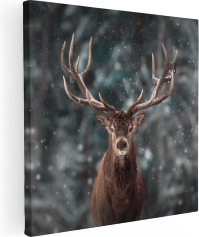 Artaza Canvas Schilderij Hert - 80x80 cm - Wanddecoratie Gewei - Muurdecoratie Winter - Schilderijen Op Canvas