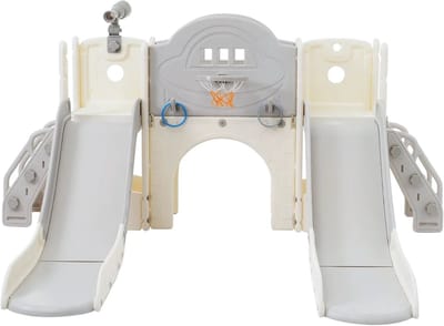 8-in-1 - Kinderglijbaan en Klimtoestel - Voor Tuin en Speelkamer - Met Dubbele Glijbanen, Klimrek, Boorspel en Telescoop - Grijs