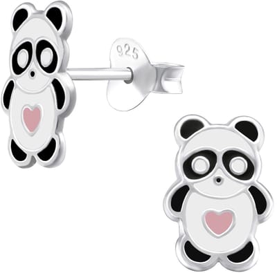 Joy|S - Zilveren panda oorbellen - 6 x 10 mm - met roze hartje - kinderoorbellen