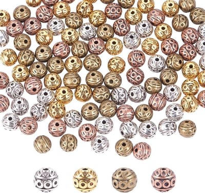 120 Stuks 8mm Kleine Golfvormige Ronde Spacer Kralen in 4 Kleuren - Tibetaanse Metalen Losse Kralen voor Sieraden Maken, Gat: 1mm