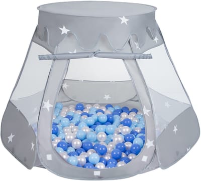 Selonis Pop Up Kasteeltent Grijs Voor Kinderen - 300 Ballen Speeltent - Binnen En Buiten Speelhuisje - 105x90 cm - Babyblauw Blauw Parel