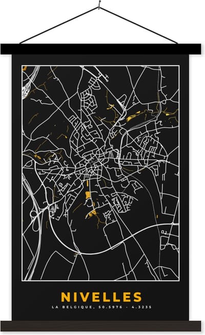 Posterhanger incl. Poster 40x60 cm - Schoolplaat - Goud - Stadskaart - Plattegrond - Nivelles - Kaart - Textielposter - Zwarte latten - Stadskaart