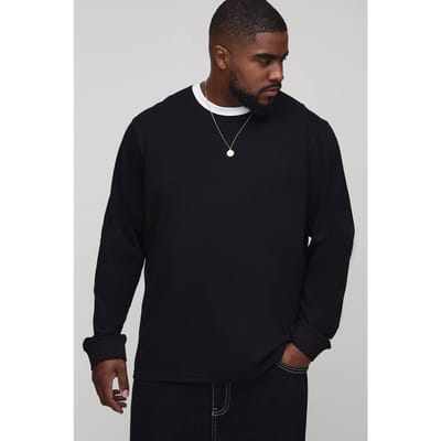 Plus T-shirt met reguliere pasvorm, ringer, ronde hals en lange mouwen T-shirt | Black | Size 2XL