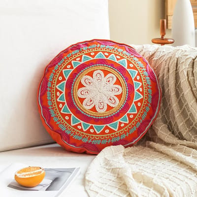 Coussin rond ethnique marocain brodé à la main Décoration de canapé salon Style indien sud-asiatique Housse de coussin pour fenêtre en baie diameter 45cm