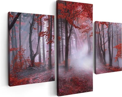 Artaza Canvas Schilderij Drieluik Rood Bos Met Bomen - 90x60 - Foto Op Canvas - Canvas Print