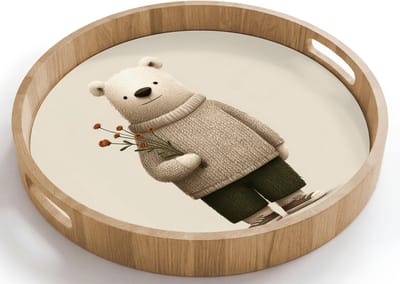 Dienblad rond 40x40 cm - Schootdienblad hout - Knuffelbeer - Oranje bloemen - Vriendelijk - Borrelplank rechthoek - Plateau houten dienbladen