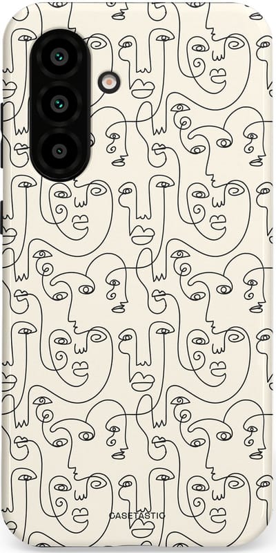 Casetastic hoesje geschikt voor Samsung Galaxy A36 / Samsung Galaxy A56 - Dubbellaagse bescherming - Art Deco Creme Abstractie Lijntekening Gezichten - Fashion Case - Zilver Crème Wit