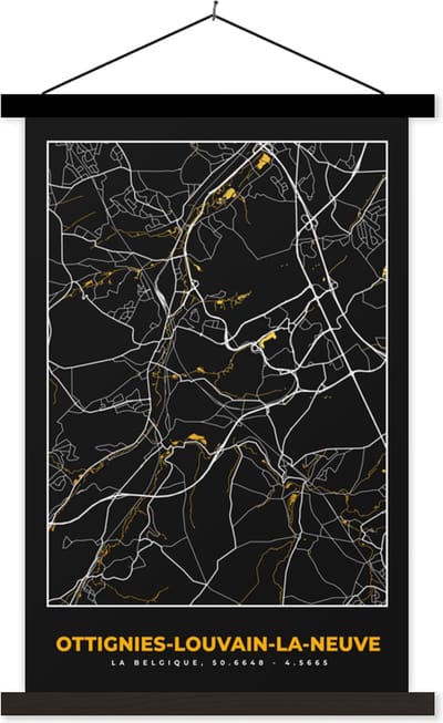 Posterhanger incl. Poster 40x60 cm - Schoolplaat - Stadskaart - Plattegrond - Ottignies,Louvain-La-Neuve - Kaart - Goud - Textielposter - Zwarte latten - Stadskaart