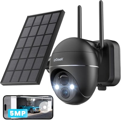 ieGeek 5MP Beveiligingscamera Braadloos Buiten - Zonne Energie Kamera - Draadloos Wifi - 360° PTZ - Werkt op Batterijen - Tschijnwerper en Sirene - Bewegingsdetectie - Kleuren-Nachtzicht - 2-Weg Audio - IP65 - Werkt met Alexa