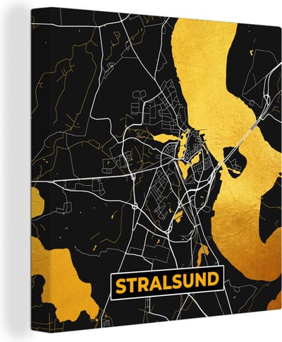 Canvas Schilderij Duitsland – Black and Gold – Stralsund – Stadskaart – Kaart – Plattegrond - 20x20 cm - Wanddecoratie