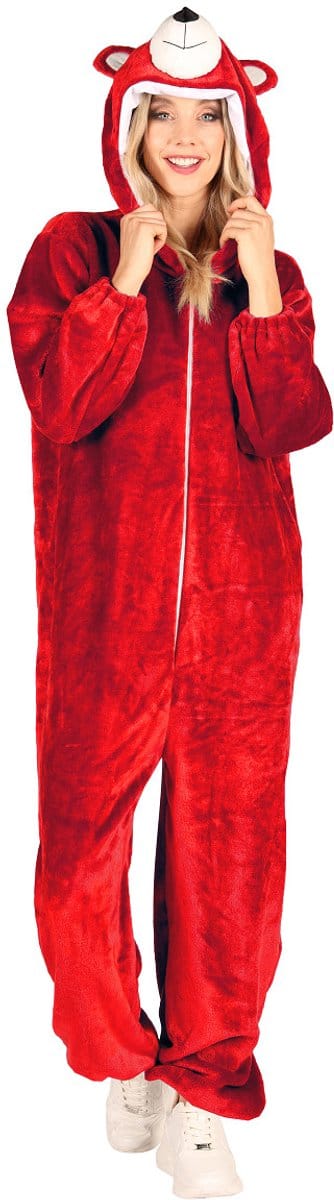 Onesie Dierenkostuum - Beer Candy Pluche - Neon Rood - Volwassenen - Unisex - Maat M/L