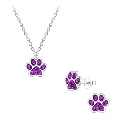 Zilveren hondenpoot paars kinderketting met combi kinderoorbellen | dierenpoot ketting meisje | cadeau set meisje | oorstekers Meisje Zilver | kindersetje oorstekers met poot hanger ketting | Zilverana | Sterling 925 Silver