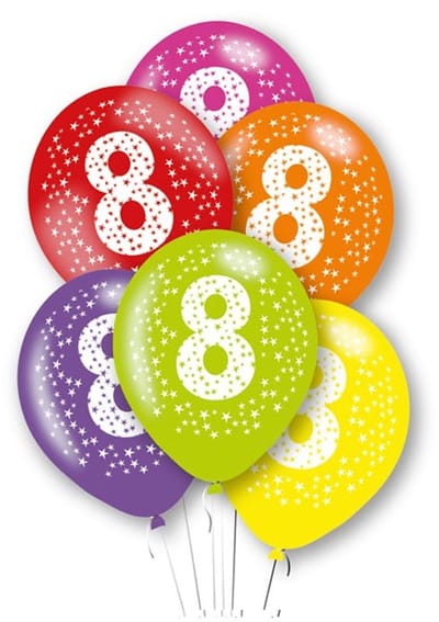 BALLONNEN "8" GEKLEURD - SET VAN 6 BALLONNEN MET CIJFER 8 - GEKLEURD AMSCAN - LATEX BALLONNEN 8