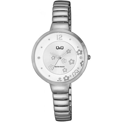 Q&Q F611J211Y - Horloge - Analoog - Vrouwen - Dames - Stalen band - Rond - Staal - Zilverkleurig - Wit - Bloemenprint