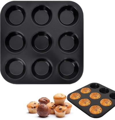 Muffin-bakvorm, muffin-bakvorm, anti-aanbaklaag, van koolstofstaal met 9 muffinvormen, herbruikbaar, koolstofstaal, muffin-vormen, voor cupcakes, brownies
