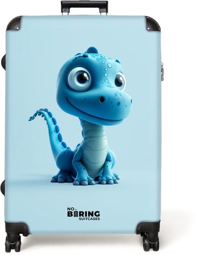 NoBoringSuitcases.com® - Koffer groot - Reiskoffer lichtgewicht - Blauwe dinosaurus met opvallende blauwe ogen - Rolkoffer met 4 wielen - Grote trolley XL - 98 liter bagage