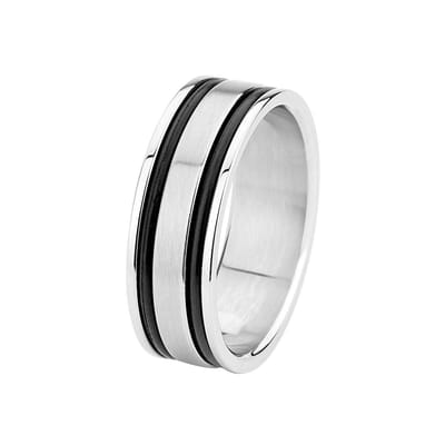 Lucardi Heren ring met zwarte accenten - Ring - Vaderdag Cadeautje - Staal - Zilverkleurig