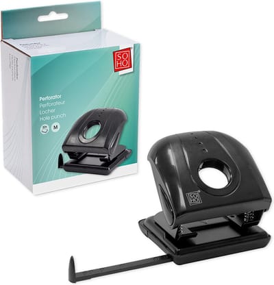 SOHO Perforator – Perforator 2–gaats – Perforeert tot 30 vellen – Perforator met opvangbakje – Powersafe – Voorzien van Eurolock – 12 x 12 cm – Zwart