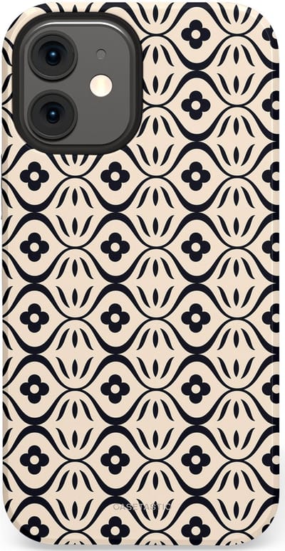 Casetastic hoesje geschikt voor Apple iPhone 12 Mini - Dubbellaagse bescherming - Retro crème-zwarte bloemenprint - Fashion Case - Crème Grijs Donkergrijs